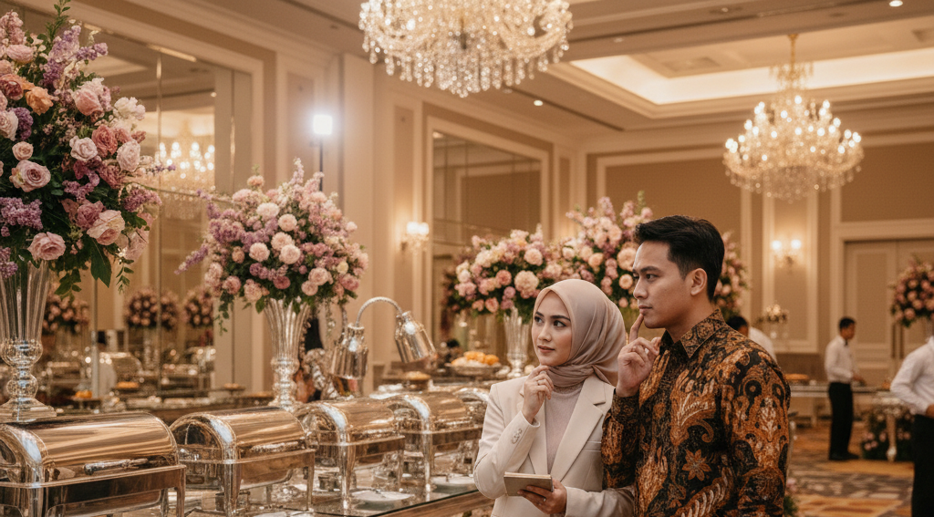 Pasangan calon pengantin sedang berdiskusi dan tampak berpikir serius di depan meja prasmanan mewah saat mengevaluasi paket catering pernikahan di sebuah ballroom di Jakarta.