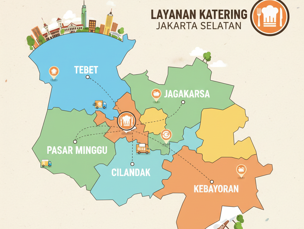 Area layanan catering Jakarta Selatan mencakup Tebet, Jagakarsa, Cilandak, Pasar Minggu, dan Kebayoran