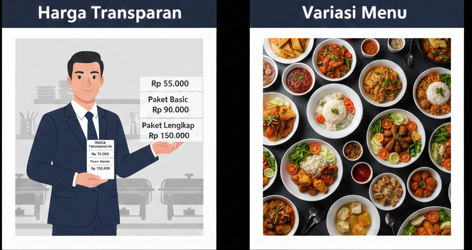 Perbandingan harga transparan paket katering pernikahan dan berbagai variasi menu hidangan dari Setia Rasa Catering.