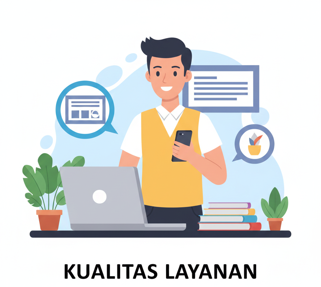 Ilustrasi seorang staf profesional yang ramah sedang memberikan layanan pelanggan terbaik dengan bantuan laptop dan smartphone, melambangkan responsivitas dan kualitas layanan katering.