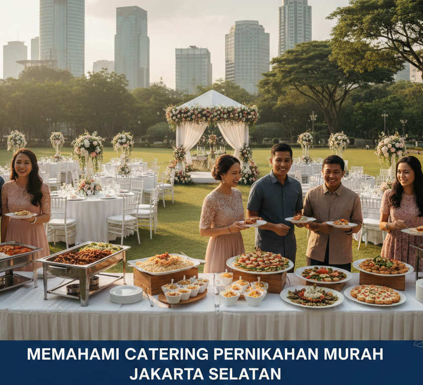 Prasmanan katering pernikahan outdoor di Jakarta Selatan dengan latar gedung tinggi dan teks Memahami Catering Pernikahan Murah Jakarta Selatan