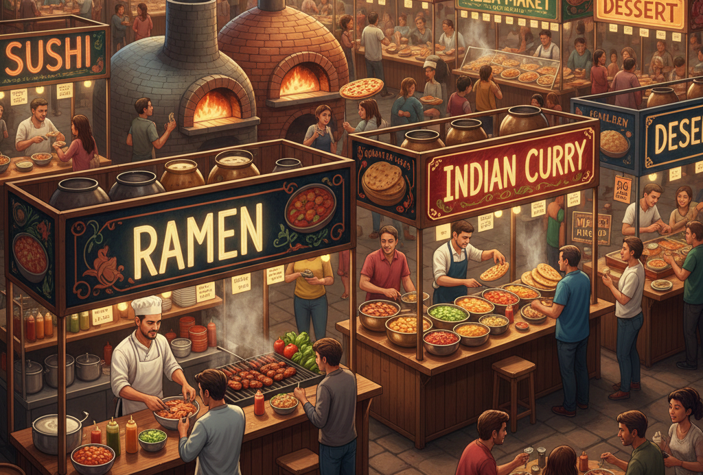 Anela foodstall dengan ragam menu seperti ramen, india curry, pizza