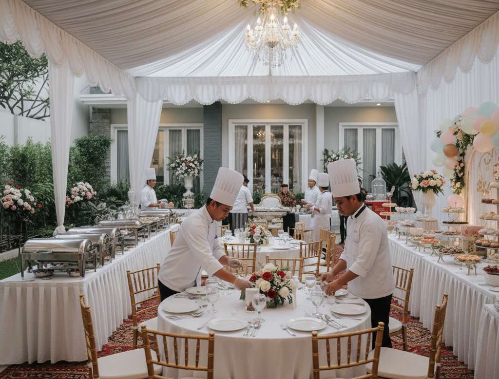 Tim jasa catering jakarta selatan profesional melakukan setup dekorasi meja dan persiapan sajian untuk hajatan di rumah