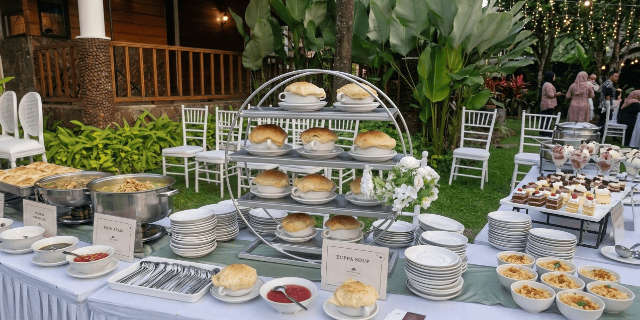 Catering zuppa soup creamy premium food stall pernikahan Jakarta Selatan 100 porsi untuk acara resepsi nikah