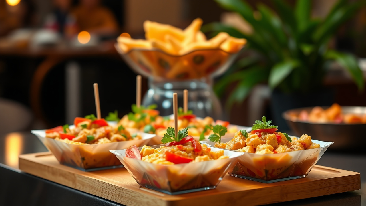 alt: standing party pernikahan modern dengan finger food dan dekorasi estetik